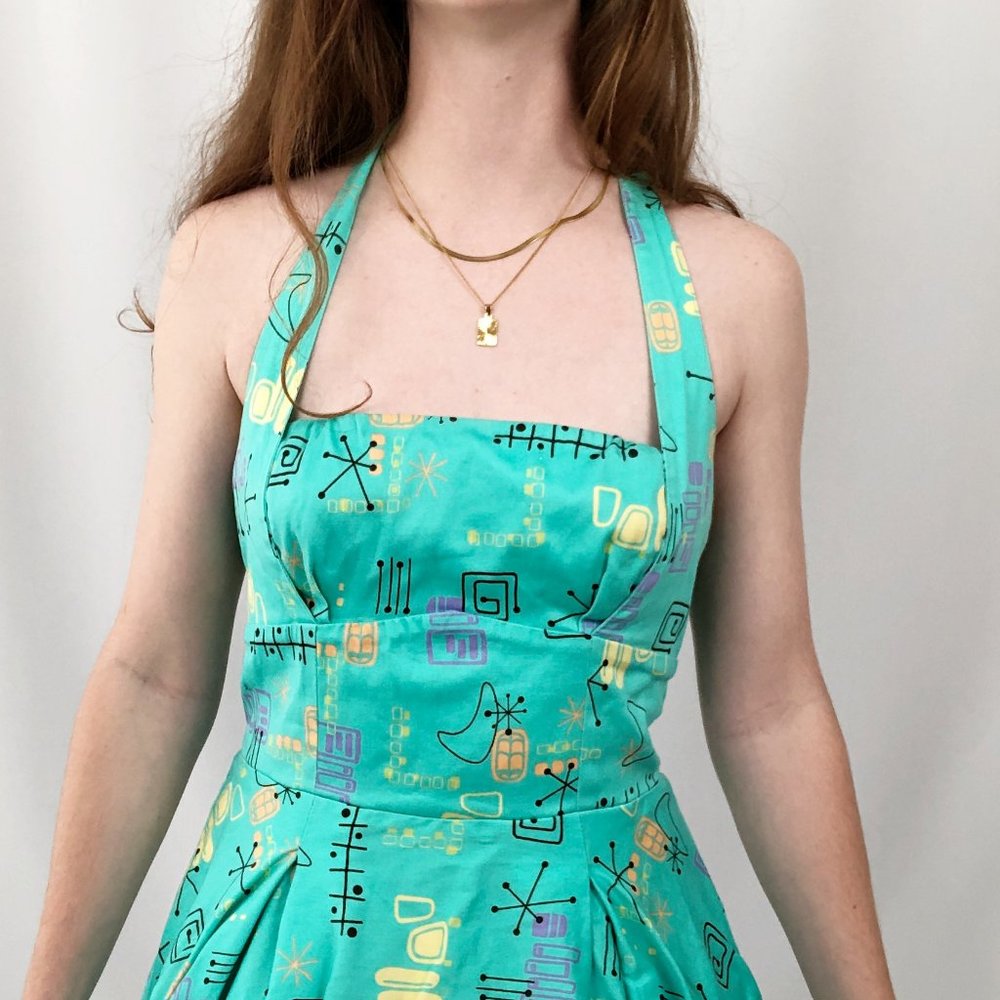 Vintage MCM Pin-Up Novelty Jetsons Space Geometric Print Mini Summer Dress USA - Picture 4 of 9